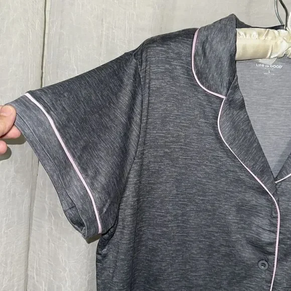 Life is Good L-XL Gray Pink Trim Notch Collar 2 pc Short Sleeve Top Pants PJ Set - Picture 11 of 16